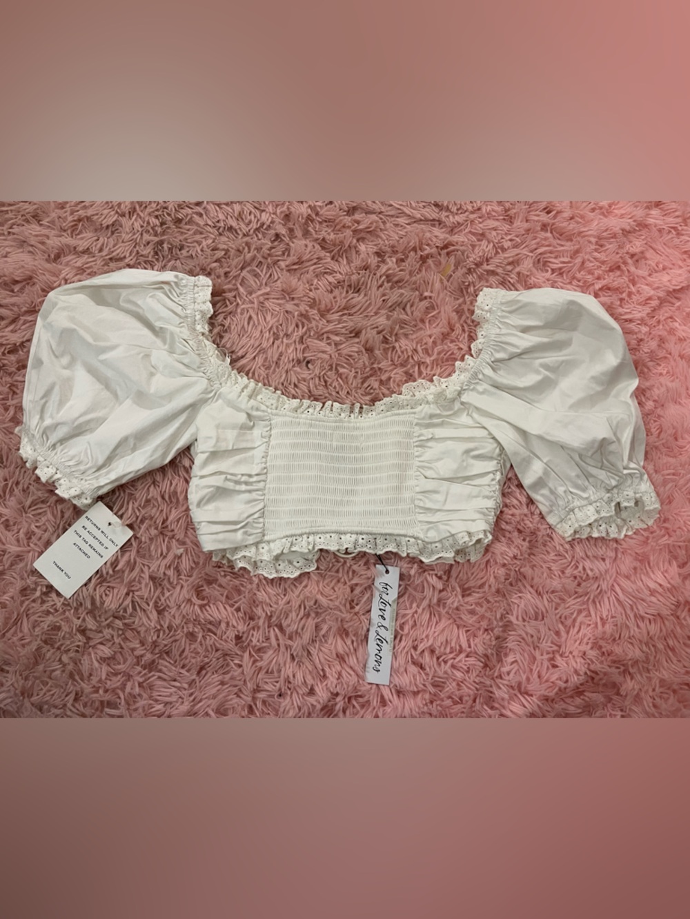 For Love & Lemons White Off-Shoulder Puff Sleeve Lace-Up Crop Top XS - Picture 8 of 8